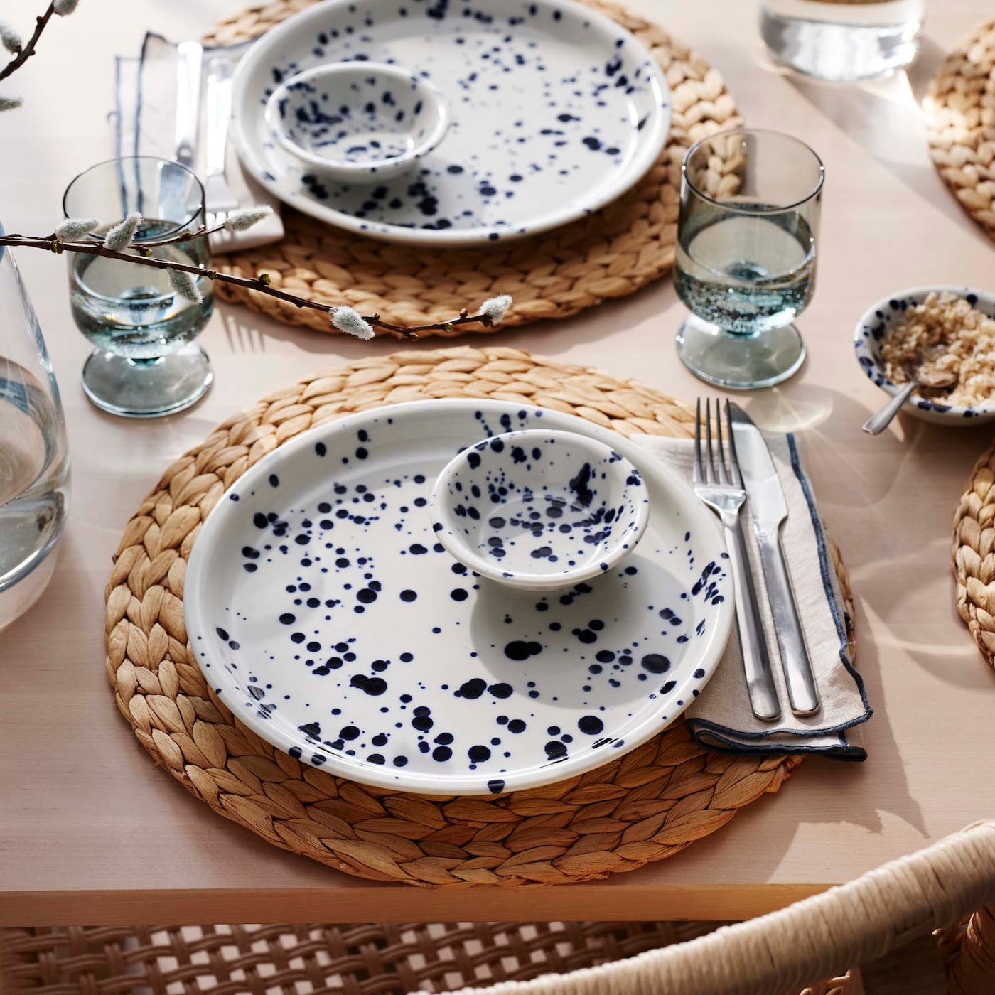 A table set with blue and white SILVERSIDA plates and bowls.