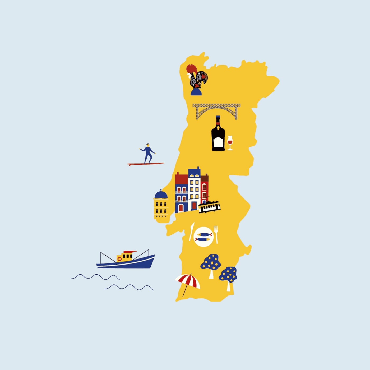 A graphic map of Portugal in yellow and blue.